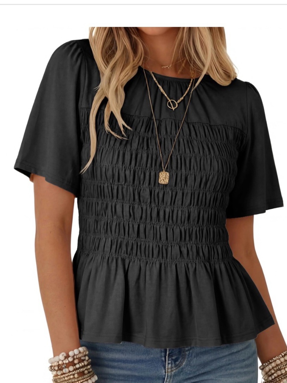 Watashi Women’s Smocked Pleated Peplum Ruffled Crewneck Top. Black, Small